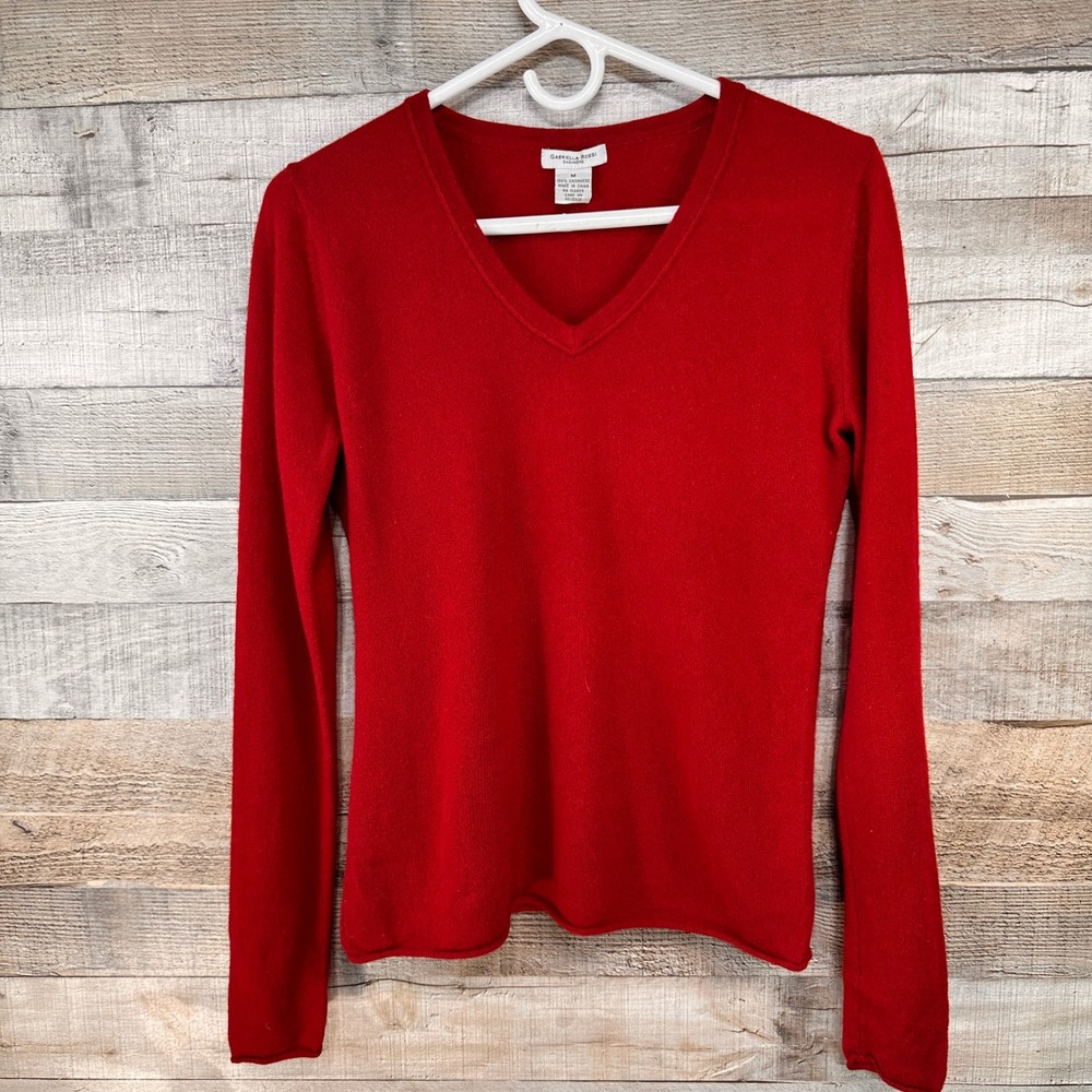 Gabriella Rossi Red 100% Cashmere V-Neck Roll Hem Sweater Womens Medium